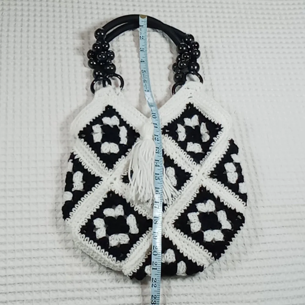 Hand Crafted Blk/Wht Crochet Granny Square Handbag With Beaded Handle & Tassel - Picture 6 of 8